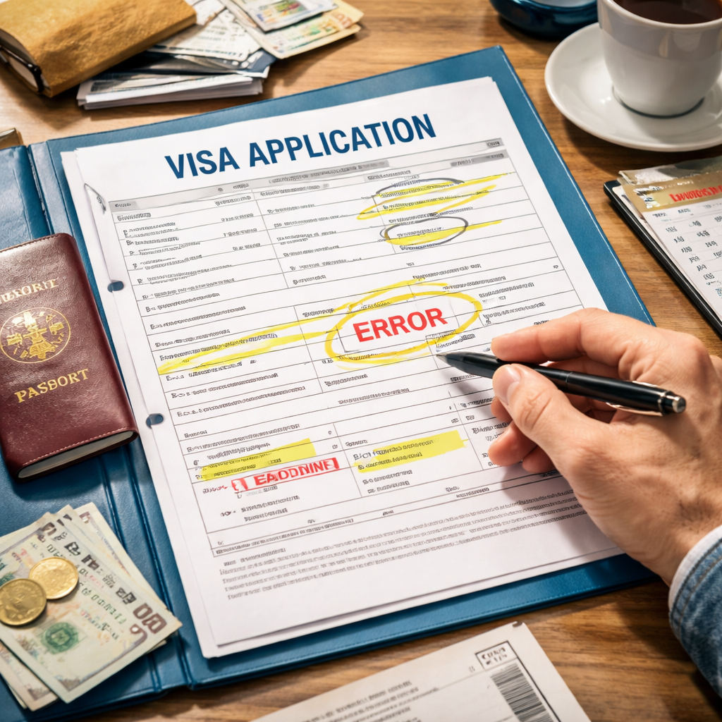 A photorealistic illustration of a traveler reviewing a visa application folder, pointing at a highlighted error on a form, with a calendar showing deadline dates. Alt: common visa application mistakes visualized