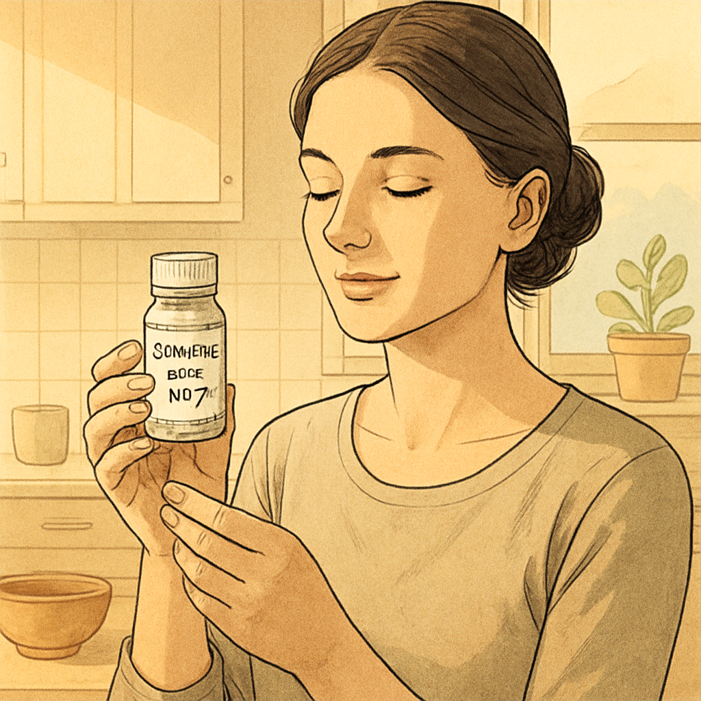A serene woman holding a small vial of Schüssler salt in a sunlit kitchen. Alt: Schüssler zout nr 7 in een potje