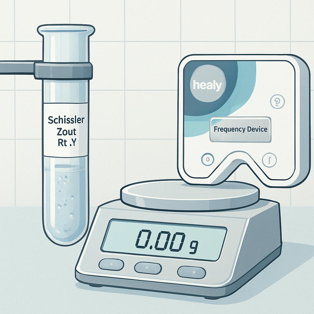 A laboratory setup showing a test tube with dissolved Schüssler Zout Nr 7, a measuring scale, and a digital readout. Alt: Schüssler Zout Nr 7 mineral balance test.