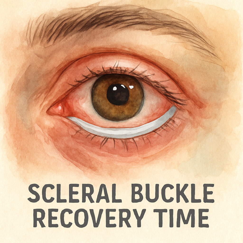 A close‑up of an eye with a scleral buckle band, showing post‑operative care. Alt: scleral buckle recovery time visual guide.