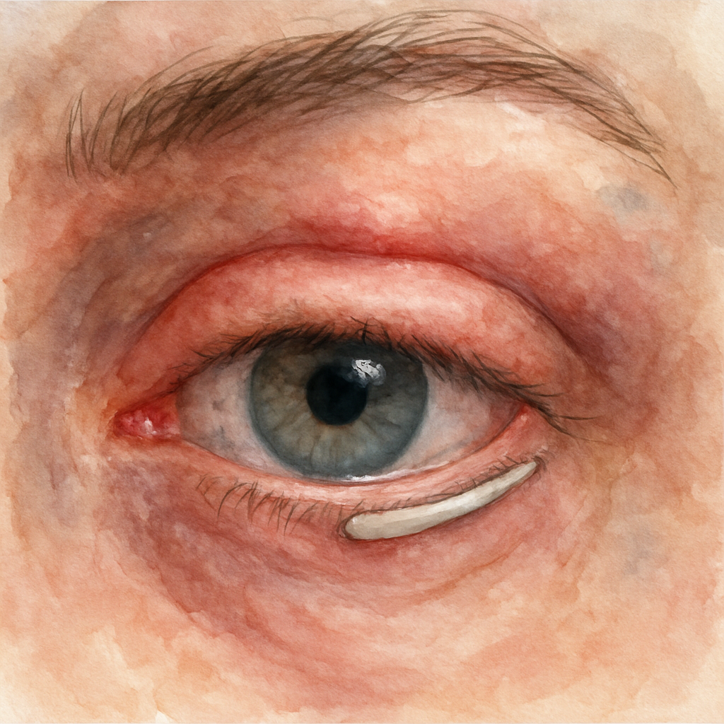 Close-up of an eye showing a subtle silicone scleral buckle with a faint visible bump on the eyelid, highlighting signs of possible complications. Alt: Monitoring complications after scleral buckle surgery.