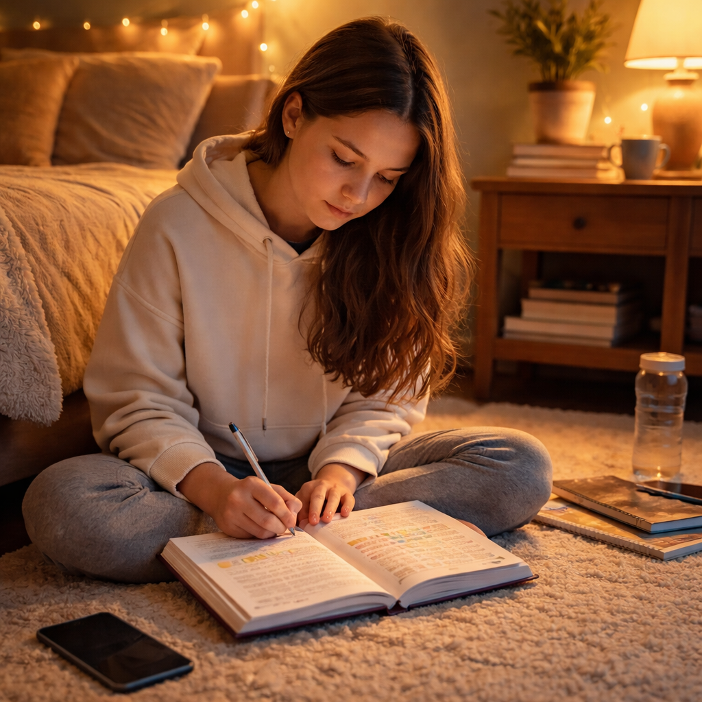 A photorealistic scene of a teenage student sitting on a cozy bedroom floor, phone set aside, journal open, soft warm light from a bedside lamp, showing a calm mood and reduced screen use. Alt: teen using a screen‑time journal for mental well‑being.