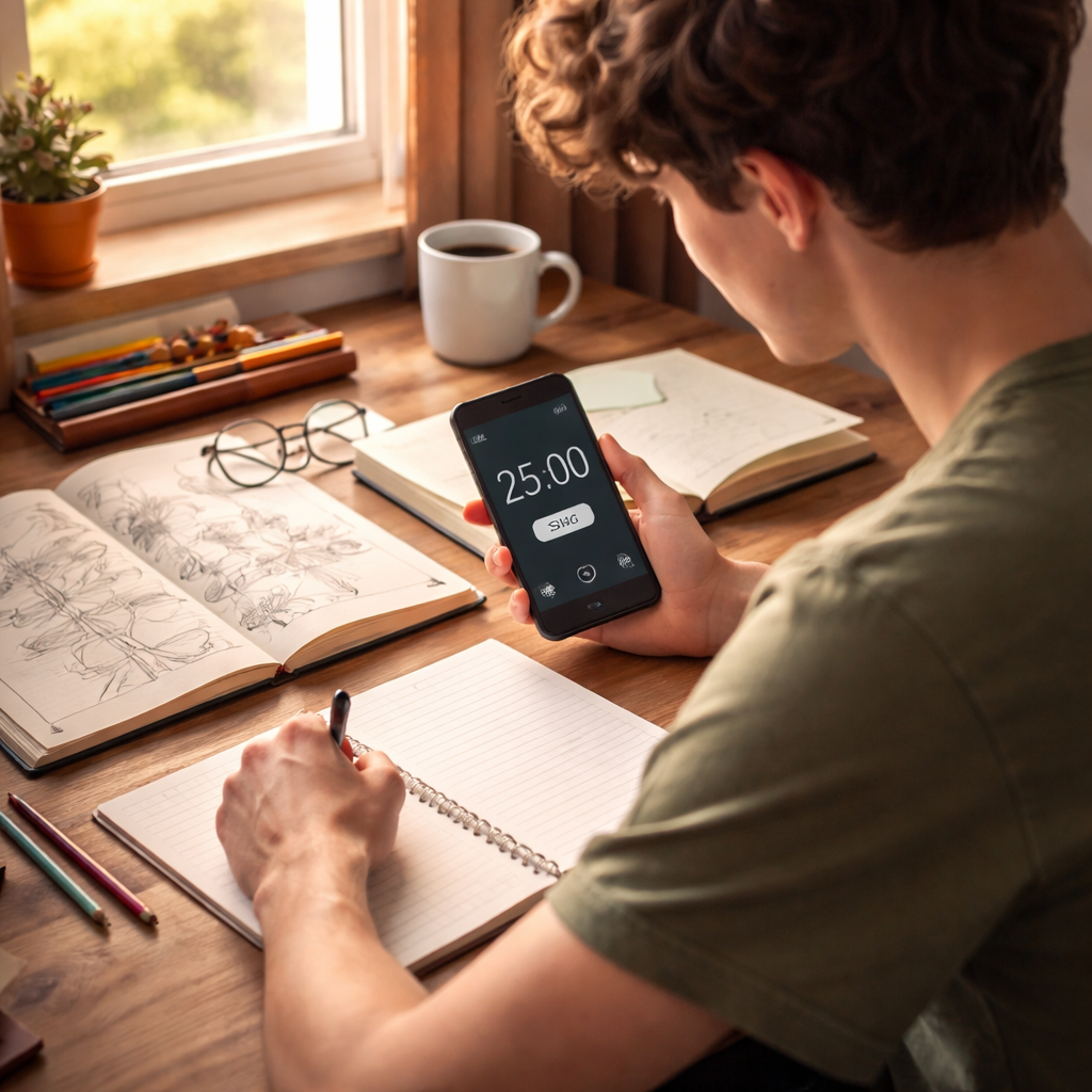 A photorealistic scene of a college student sitting at a desk, phone screen showing a timer, a notebook and a sketchpad beside it, warm natural light from a window, illustrating a balanced screen‑time routine. Alt: Student managing screen time with a timer and offline activities.