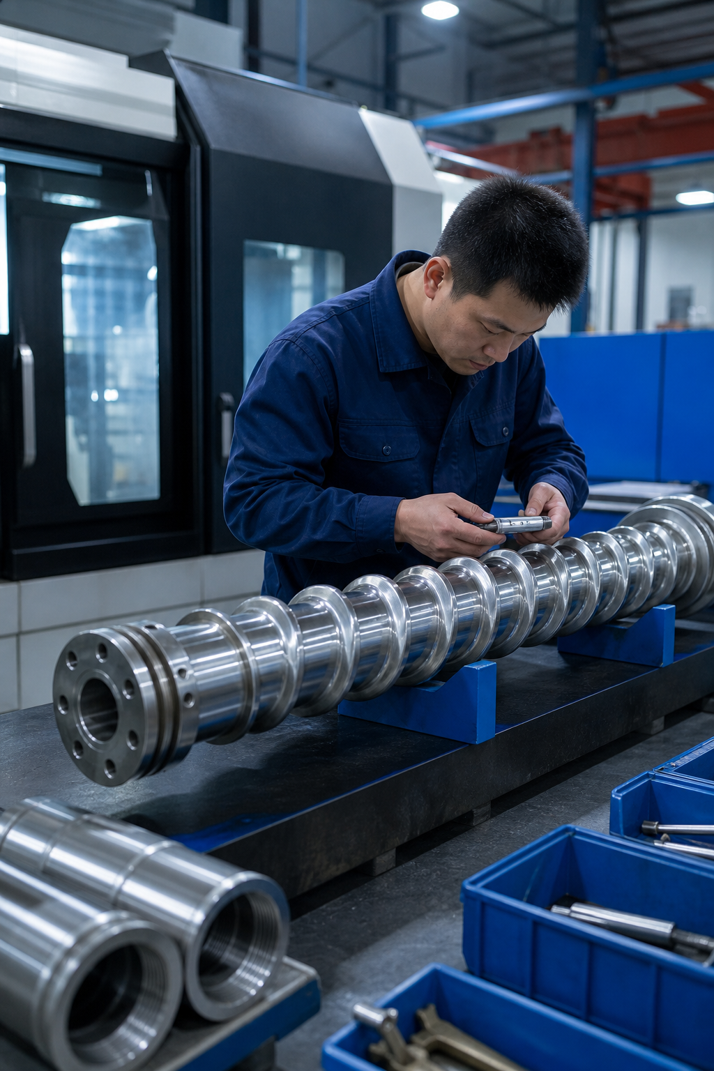 Realistic photo of a precision CNC machined screw barrel in an industrial workshop, showing steel components and a worker inspecting the barrel.