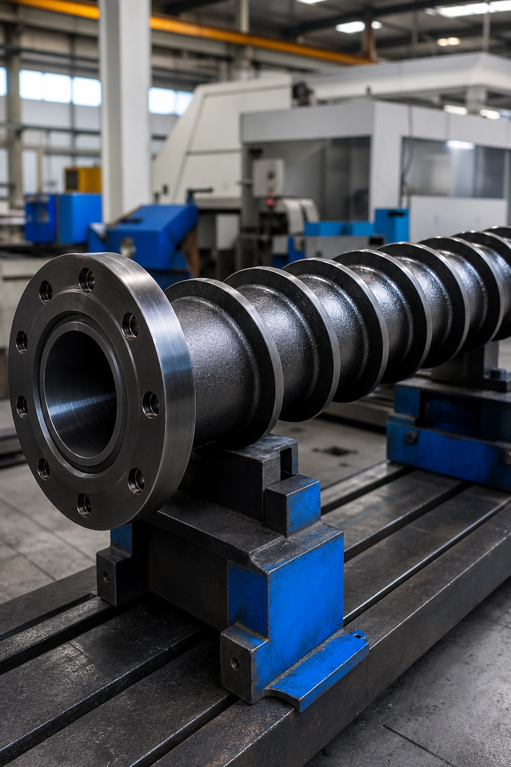 High‑resolution view of a nitrided screw barrel with visible surface texture, placed on a manufacturing floor with equipment in background.