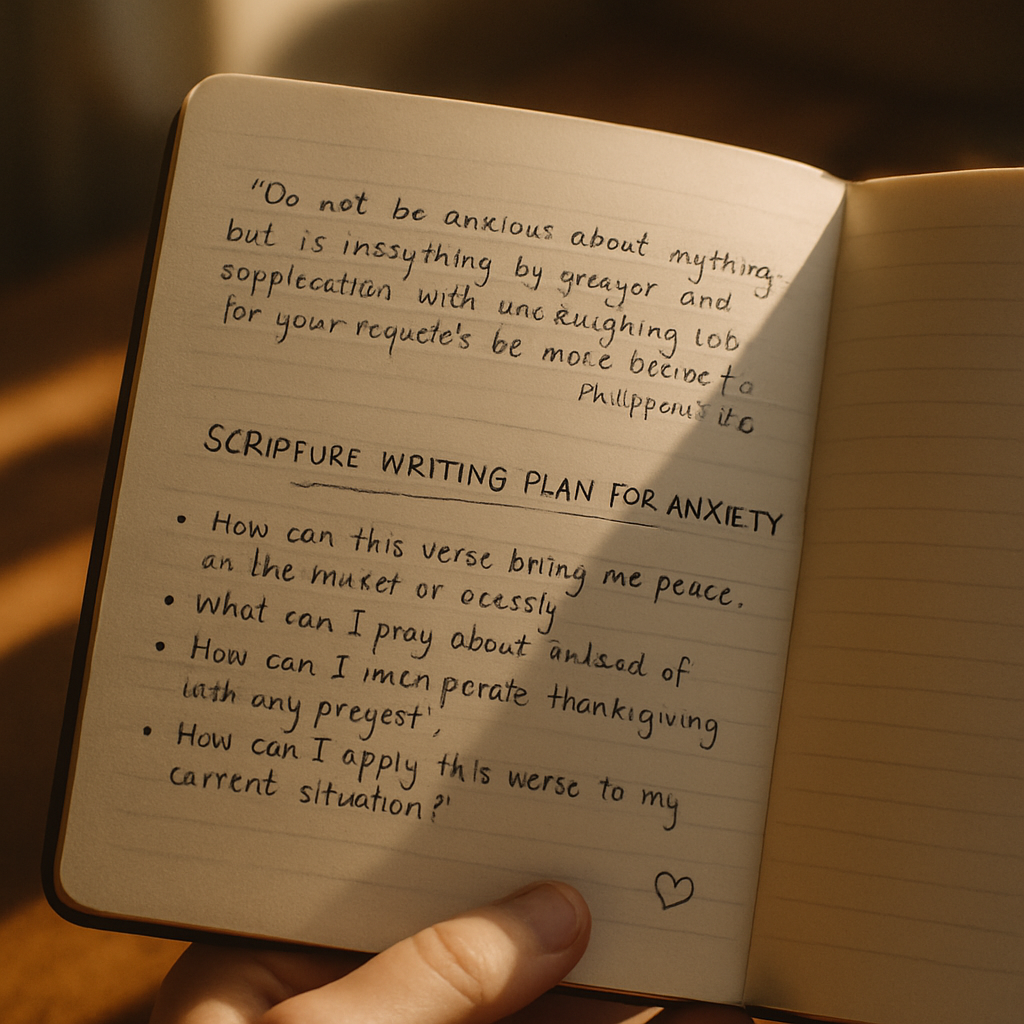 A hand holding a journal open to a page filled with a Bible verse, bullet-point prompts, and a small doodle of a heart, soft morning light streaming over the page. Alt: journaling prompts and reflection questions in a scripture writing plan for anxiety