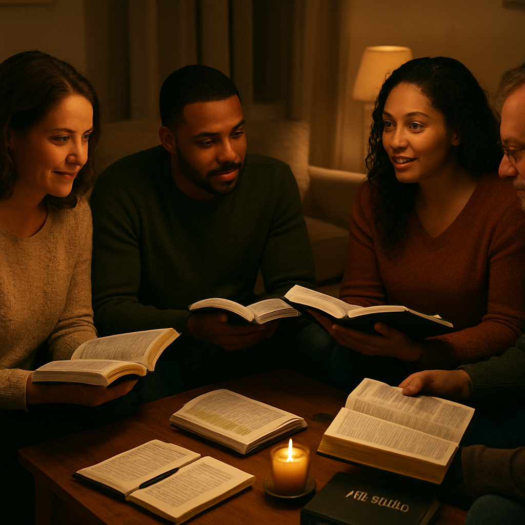 A cinematic scene of a cozy living‑room circle of diverse Christians sharing Bibles, soft candlelight casting gentle shadows, a notebook open with highlighted verses, feeling warm and supportive. Alt: Group sharing scriptures to overcome fear and anxiety in a comforting setting.