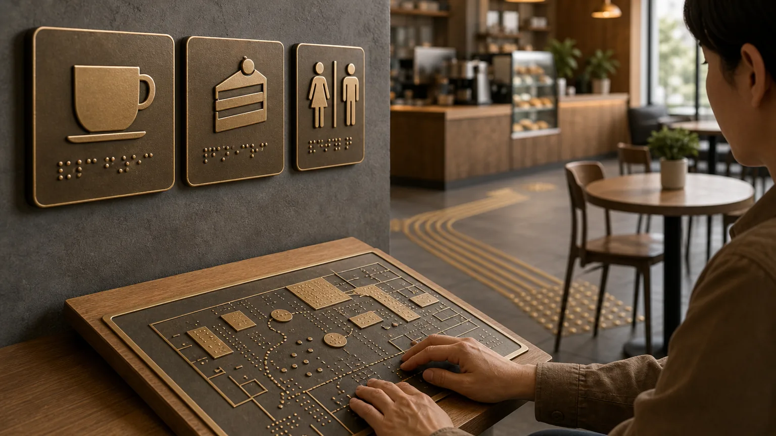 Braille International: visual reference for 3. Braille International , losetas y mapas hápticos para espacios de café