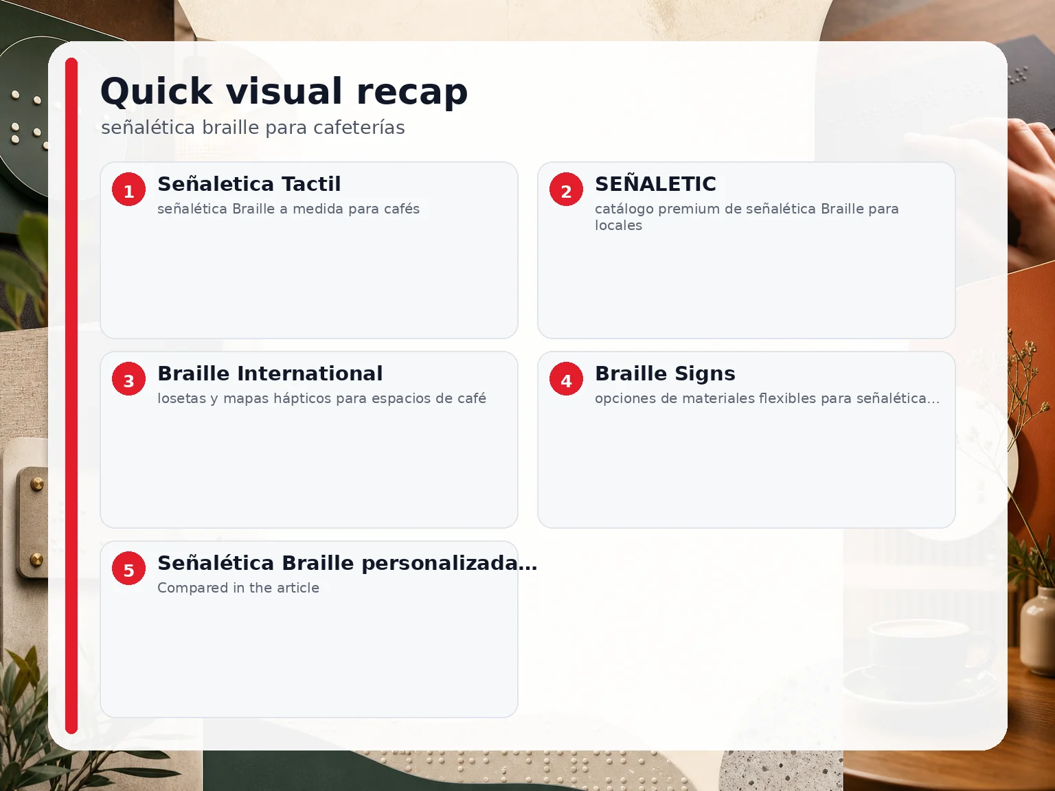 Visual summary of the options compared for señalética braille para cafeterías