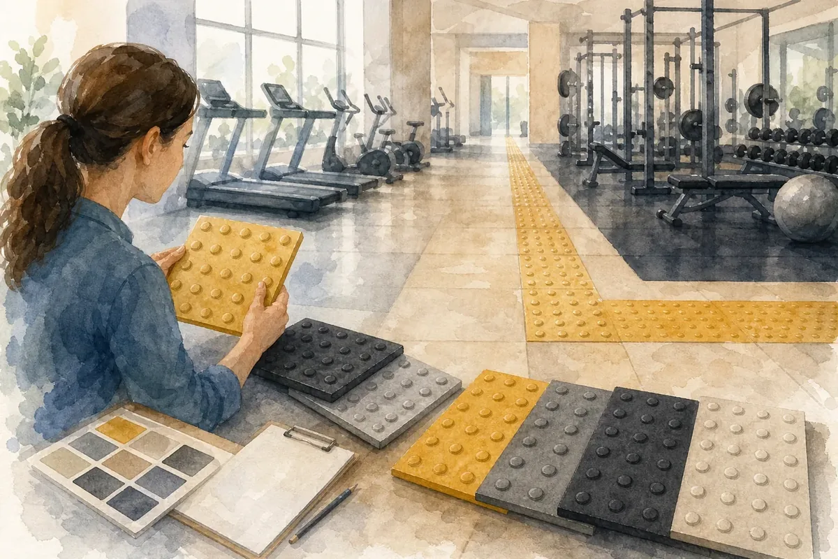 Losetas podotáctiles de caucho: visual reference for 9. Losetas podotáctiles de caucho — Opciones con adhesivo para pisos de gimnasio