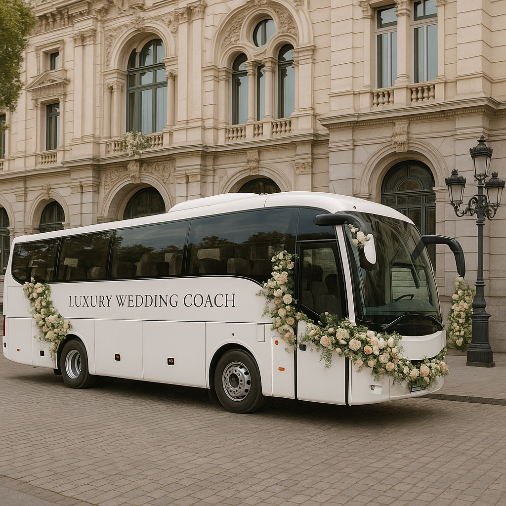 Coach Hire in Madrid for Your Wedding Party A luxury wedding coach parked outside a majestic Madrid venue, decorated elegantly with flowers. Alt: Coach hire Madrid wedding party transport with elegant decoration.