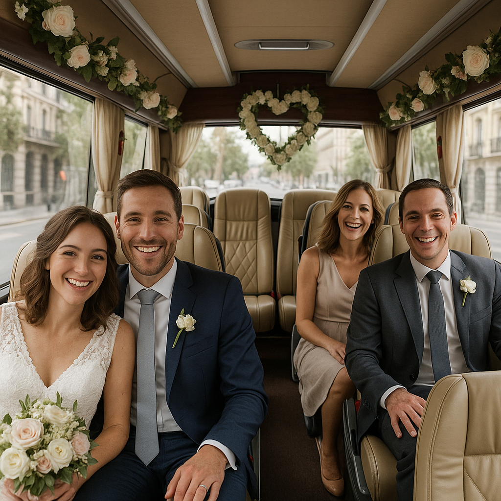 Coach Hire in Madrid for Your Wedding Party Guests enjoying a beautifully decorated wedding coach in Madrid, with elegant interiors and happy faces. Alt: Personalized coach hire Madrid wedding party with decorations and comfort.
