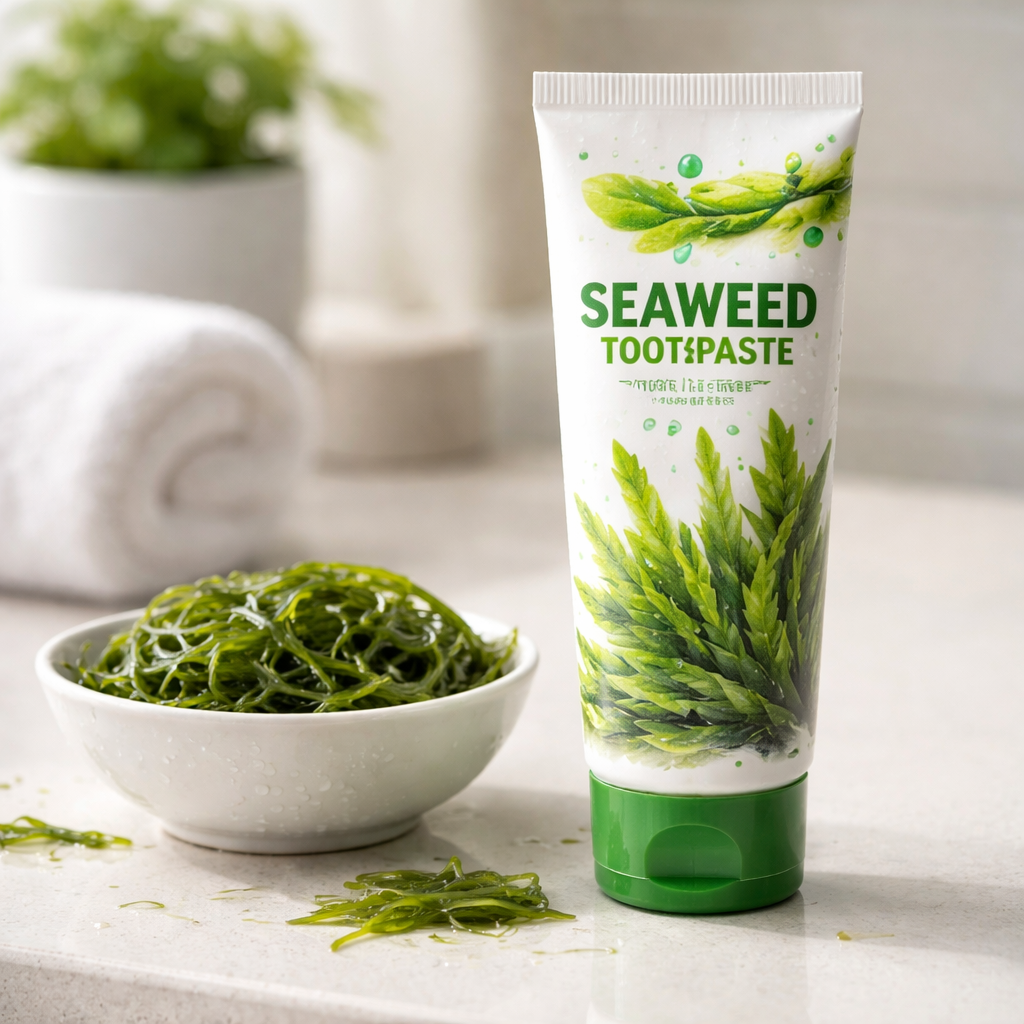 A photorealistic close‑up of a seaweed toothpaste tube on a clean bathroom counter, with a small bowl of fresh seaweed strands beside it, soft natural lighting, realistic texture, highlighting the natural ingredients. Alt: Seaweed toothpaste on bathroom counter with seaweed.