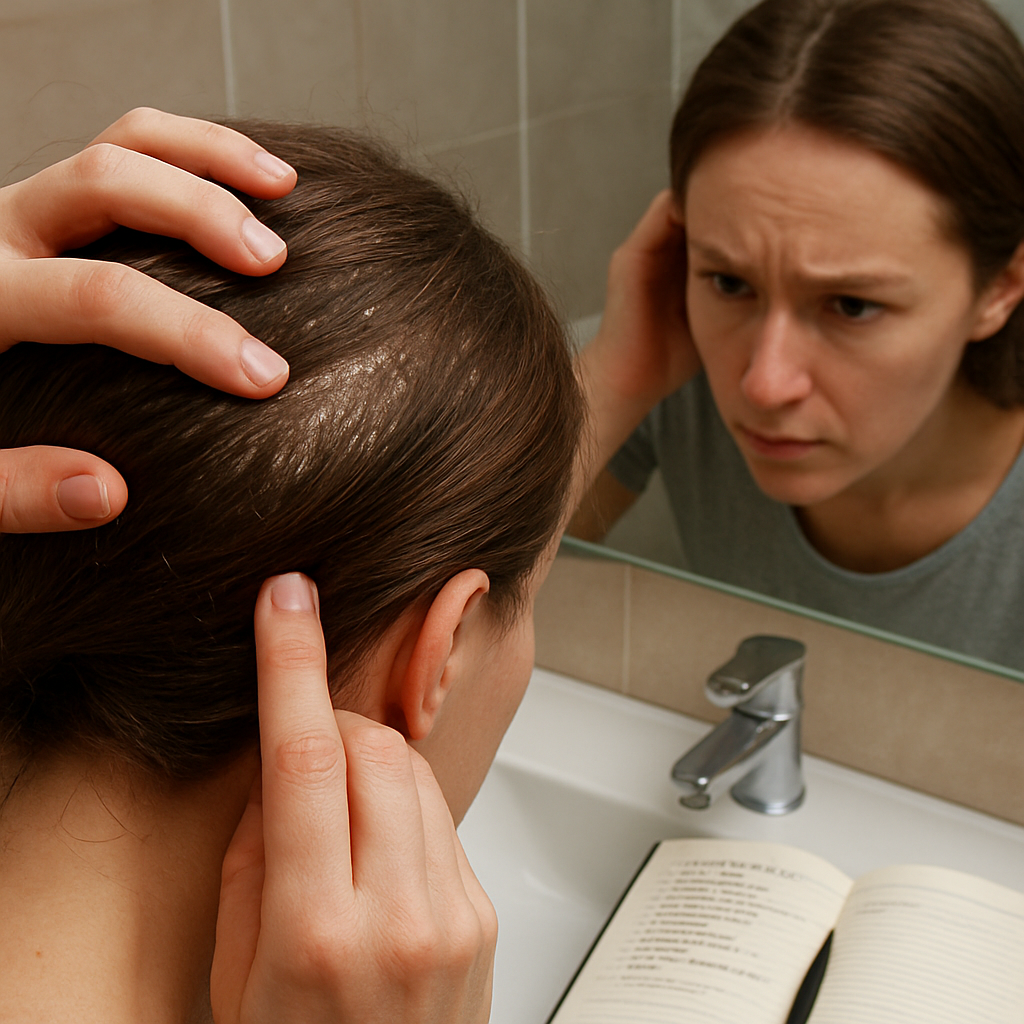 A close‑up of a person examining their scalp in a bathroom mirror, showing flaky skin and a diary open beside the sink. Alt: seborrheic dermatitis triggers identification.
