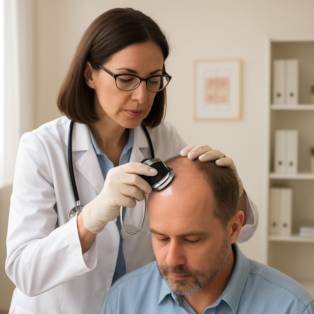 A calm, well‑lit doctor's office with a dermatologist examining a patient’s scalp, showing a professional consultation. Alt: Professional scalp assessment for seborrheic dermatitis hair loss treatment.