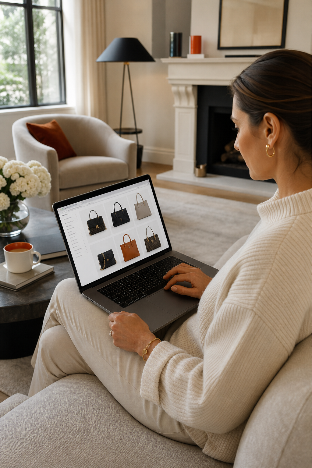 A realistic photo of a stylish woman browsing luxury handbags on a laptop in a bright, modern living room, showcasing The RealReal website on screen, with a coffee cup nearby. Alt: online luxury handbag marketplace browsing