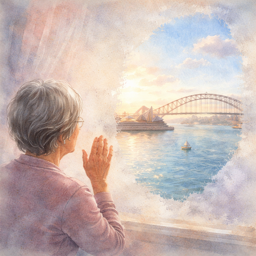 A Watercolor painting of a person looking through a foggy window that gradually clears, symbolising secondary cataract symptoms lifting after laser capsulotomy, with subtle Sydney harbour background and soft pastel tones. Alt: secondary cataract symptoms visual representation.