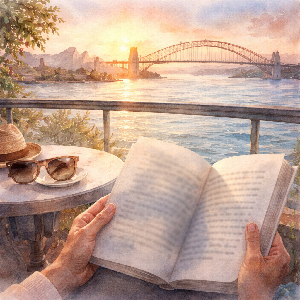 A soft watercolor painting of a Sydney harbour balcony at sunset, showing a person reading a book with a faint translucent veil over the page, symbolising secondary cataract symptoms, with subtle UV‑blocking sunglasses on a nearby table. Alt: Watercolor illustration of secondary cataract symptoms affecting reading.