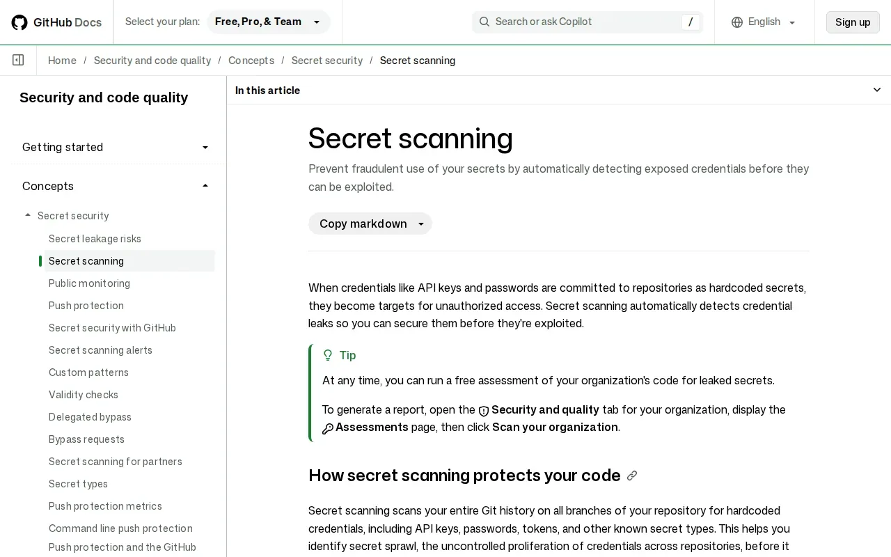 Screenshot of the GitHub Secret Scanning website