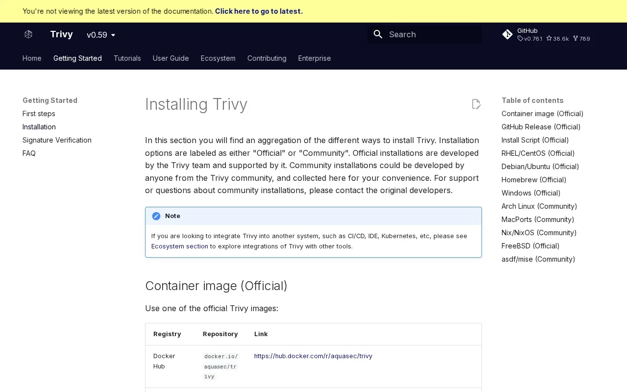 Screenshot of the Trivy by Aqua Security website