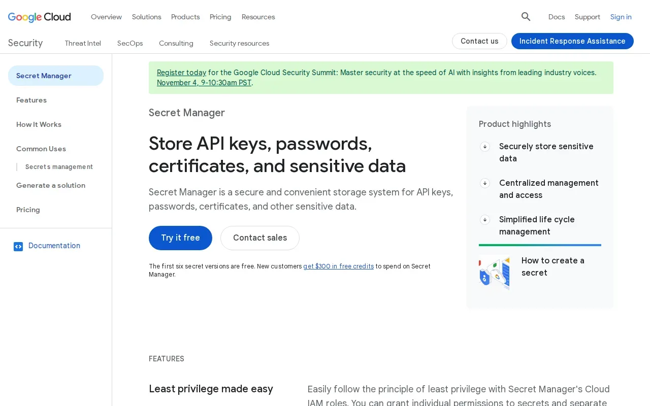 Screenshot of the Secret Manager by Google Cloud website