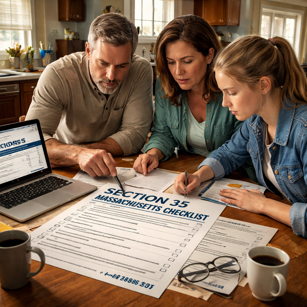 A photorealistic scene of a family gathered around a kitchen table, spreading out a printed Section 35 checklist, with a laptop open to a state government website. The setting is a modest New England home, showing a sense of urgency and cooperation. Alt: Section 35 Massachusetts checklist planning.
