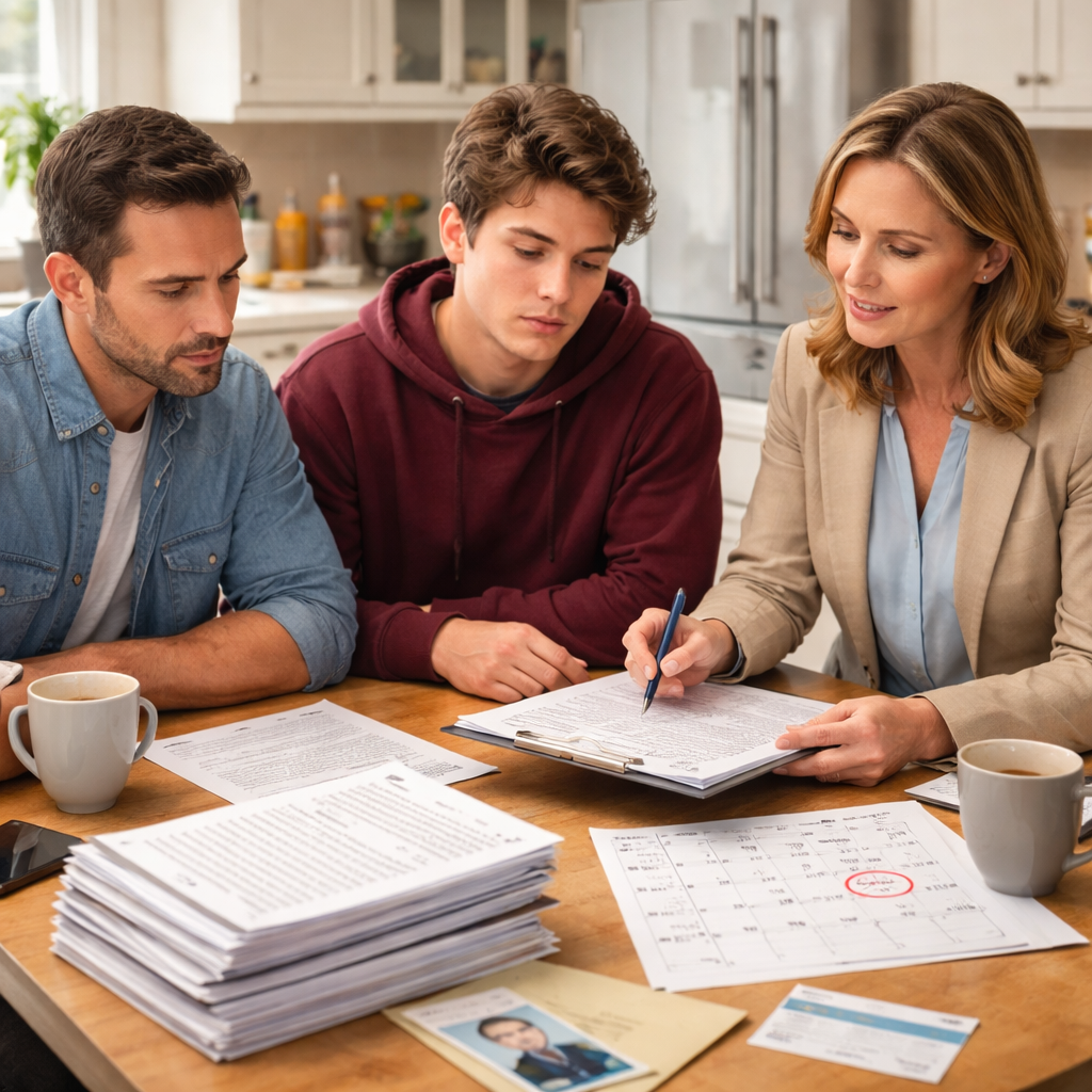 A photorealistic scene of a family sitting at a kitchen table with a stack of legal forms, a calendar marked with dates, and a calm therapist guiding them through paperwork. Alt: Gathering necessary documents for section 35 massachusetts.