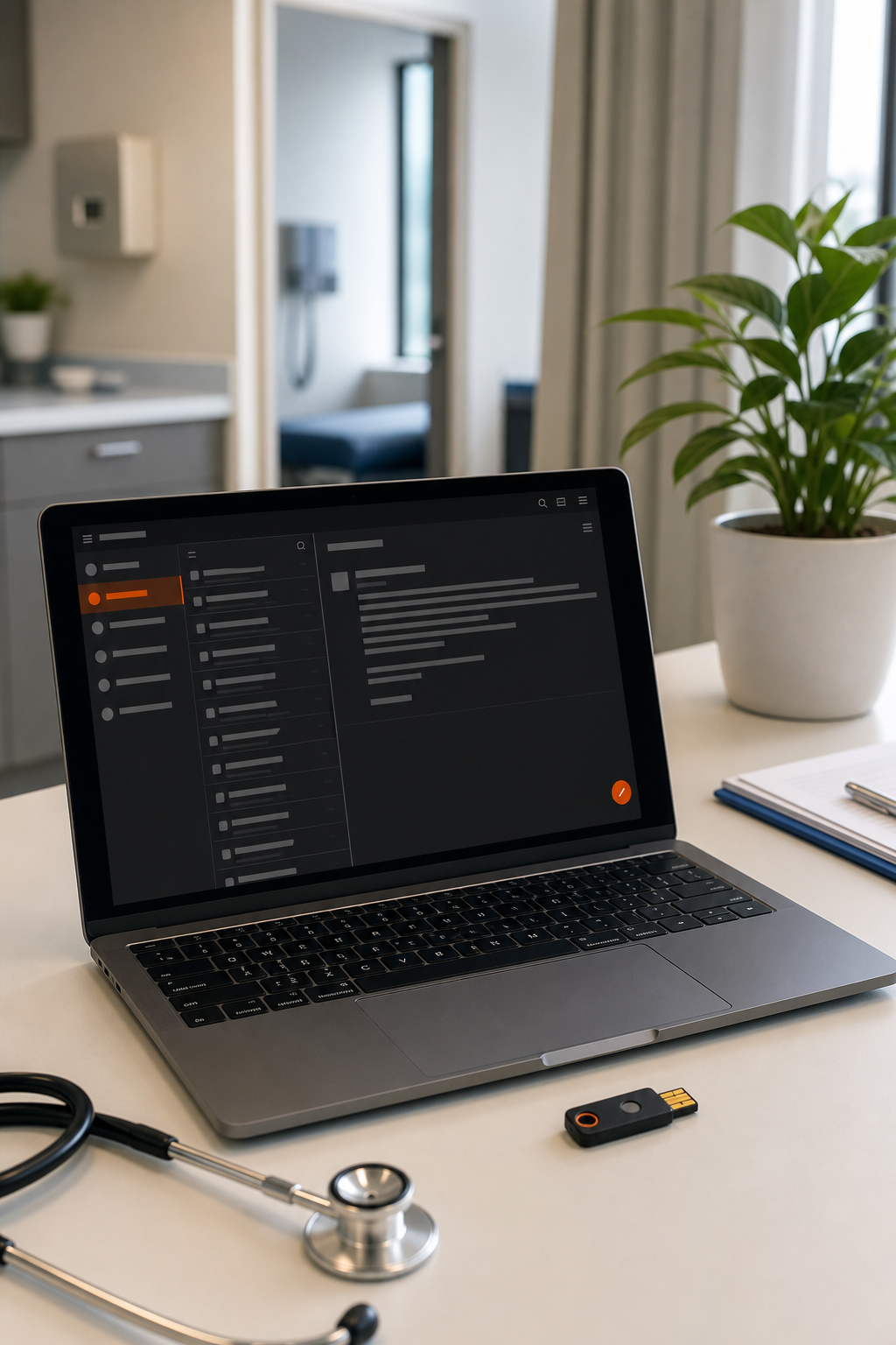 A photorealistic view of a modern hospital office desk with a laptop showing an encrypted email interface, a security key next to it, and a plant in the background. Alt: Tutanota secure email interface on laptop in healthcare setting
