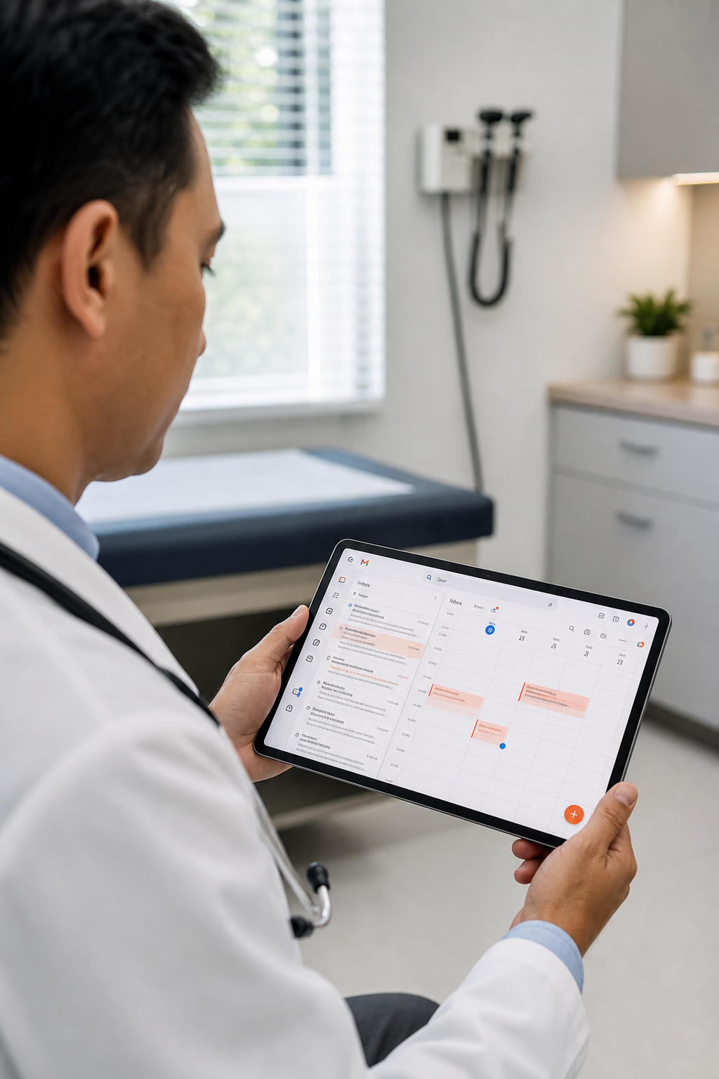 A photorealistic scene of a doctor using a tablet in a clinic with the Google Workspace interface on screen, showcasing calendar and email integration. Alt: Google Workspace used in healthcare clinic for HIPAA-compliant email