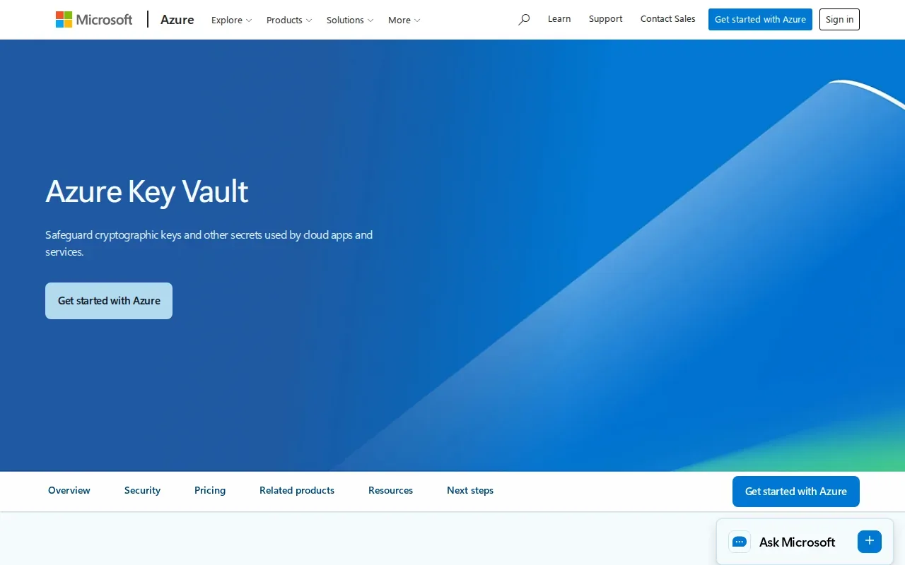 Screenshot of the Azure Key Vault by Microsoft website