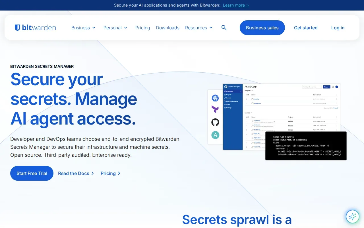 Screenshot of the Bitwarden Secrets Manager: transparent website