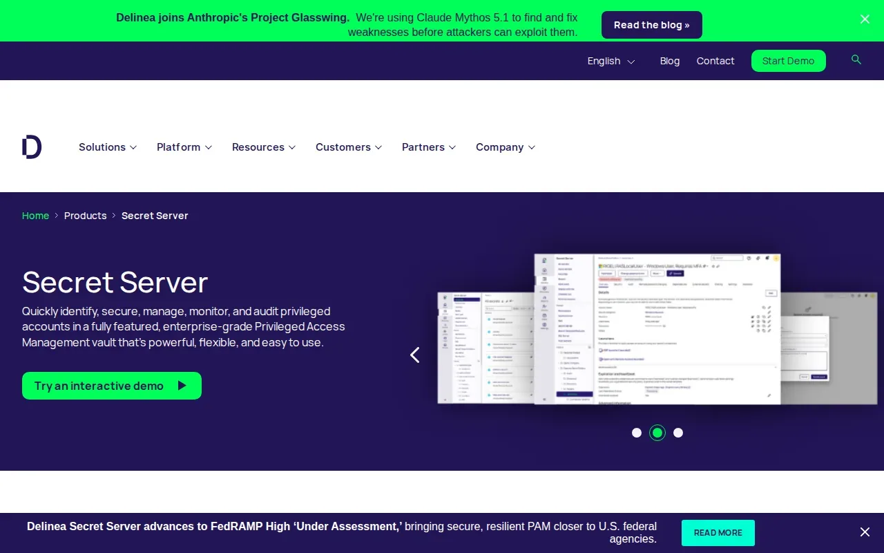 Screenshot of the Delinea Secret Server website