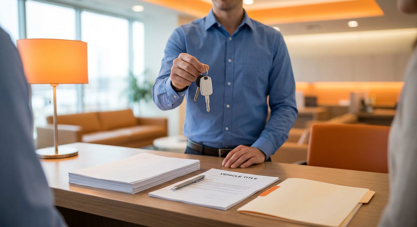 A photorealistic scene of a person handing over car keys at a bright, welcoming loan office counter, with paperwork and a vehicle title document visible on the desk. The warm orange accent lighting matches a financial services brand. Alt: EZ Car Title Loans secured loan with car title approval process.