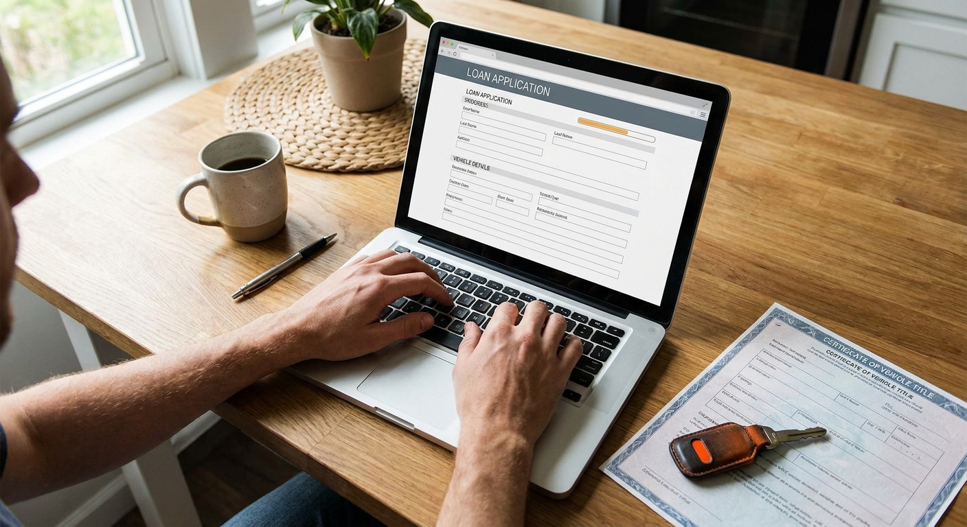 A photorealistic overhead shot of a person completing a loan application on a laptop at a kitchen table, with a car key fob and vehicle title document nearby. Natural daylight, warm home setting. Alt: Online secured loan with car title application process at home.