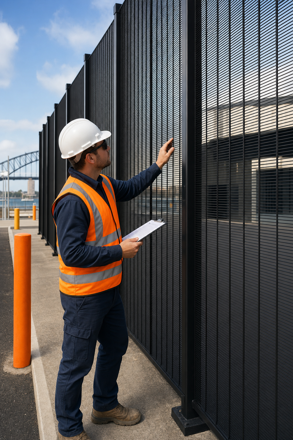 A site manager in a high-visibility vest carefully inspecting a tall 358 anti-climb mesh security fence panel at a Sydney commercial facility, checking for rust and panel damage in natural daylight. Alt: security fence inspection checklist Sydney commercial property structural assessment.