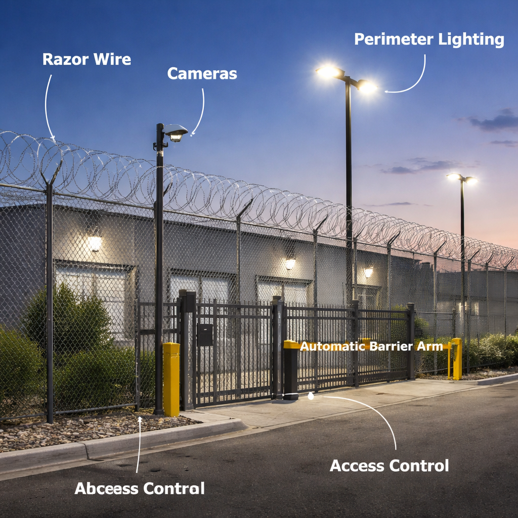 Security fence with multiple additional features including razor wire, surveillance cameras, access control gates, and perimeter lighting installed on a commercial property. Alt: Security fence price factors showing additional features that increase total installation costs