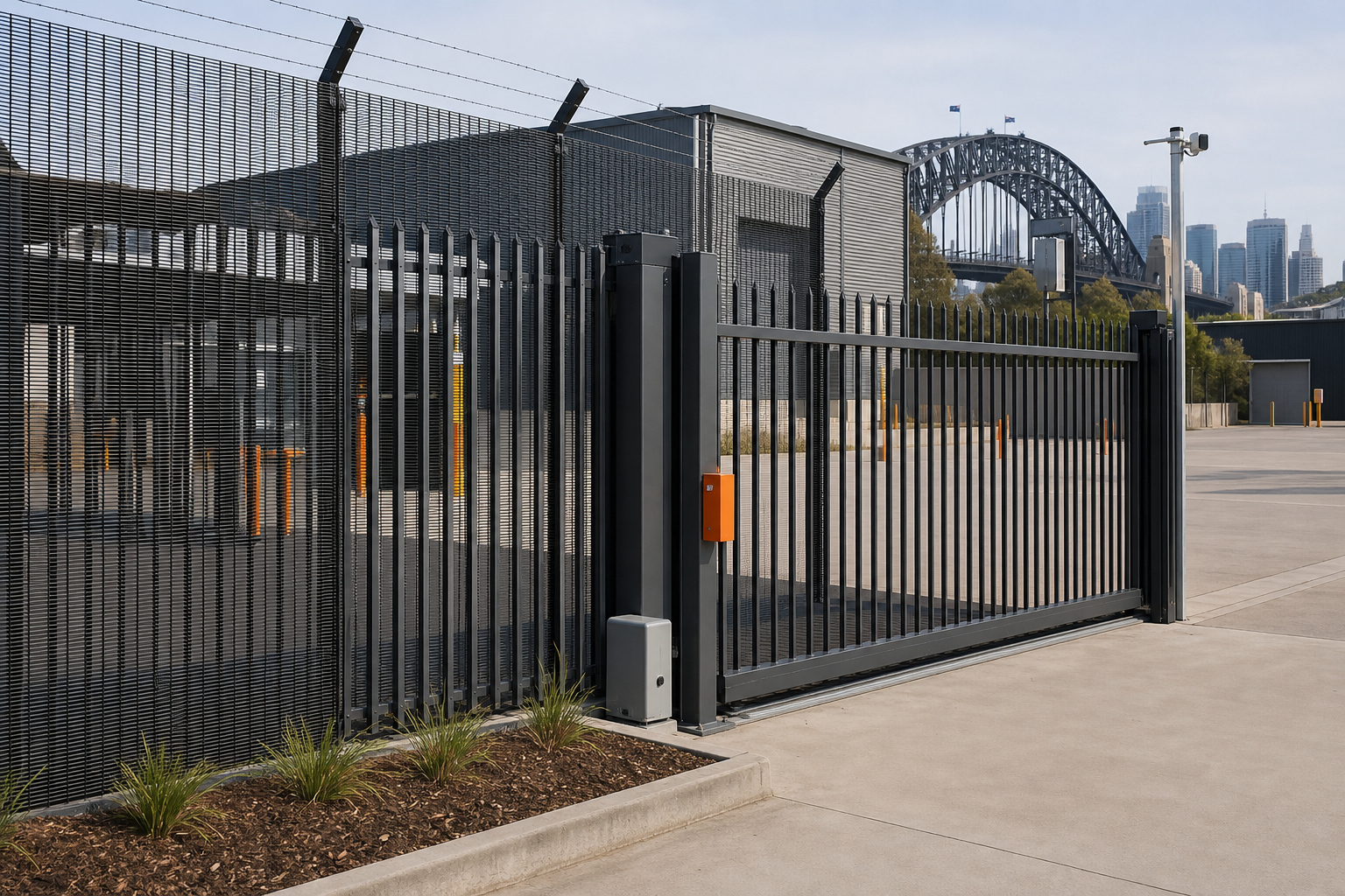 Commercial security fencing in Sydney with 358 mesh, palisade fencing and automated gates.