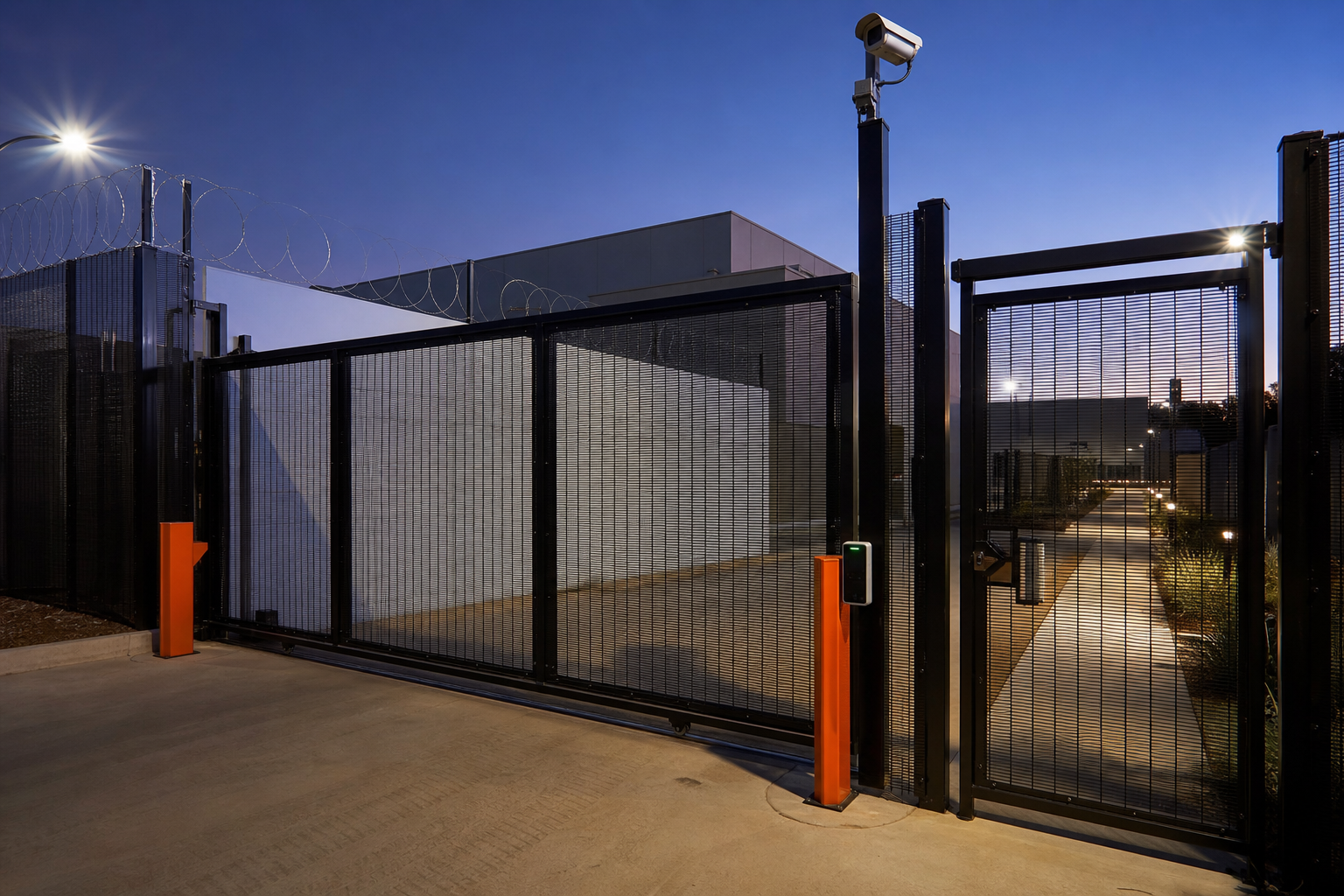 Automated security gate with access control, CCTV and lighting for a commercial site.