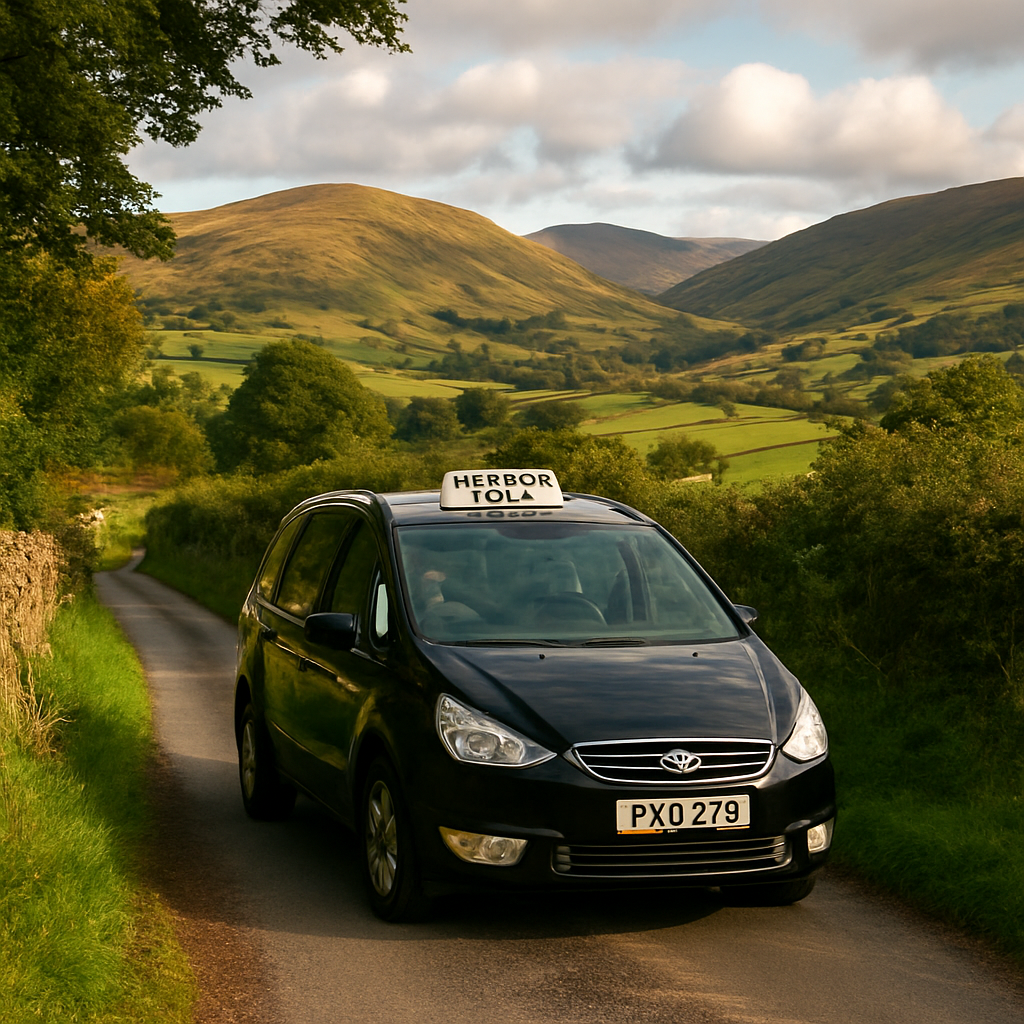 A scenic view of a Sedbergh taxi navigating a narrow country lane with rolling hills in the background. Alt: Sedbergh taxi on countryside road with hills.