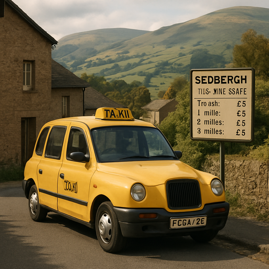 A small, friendly taxi parked on a quiet Sedbergh lane with hills in the background. Alt: Sedbergh taxi fare guide illustration