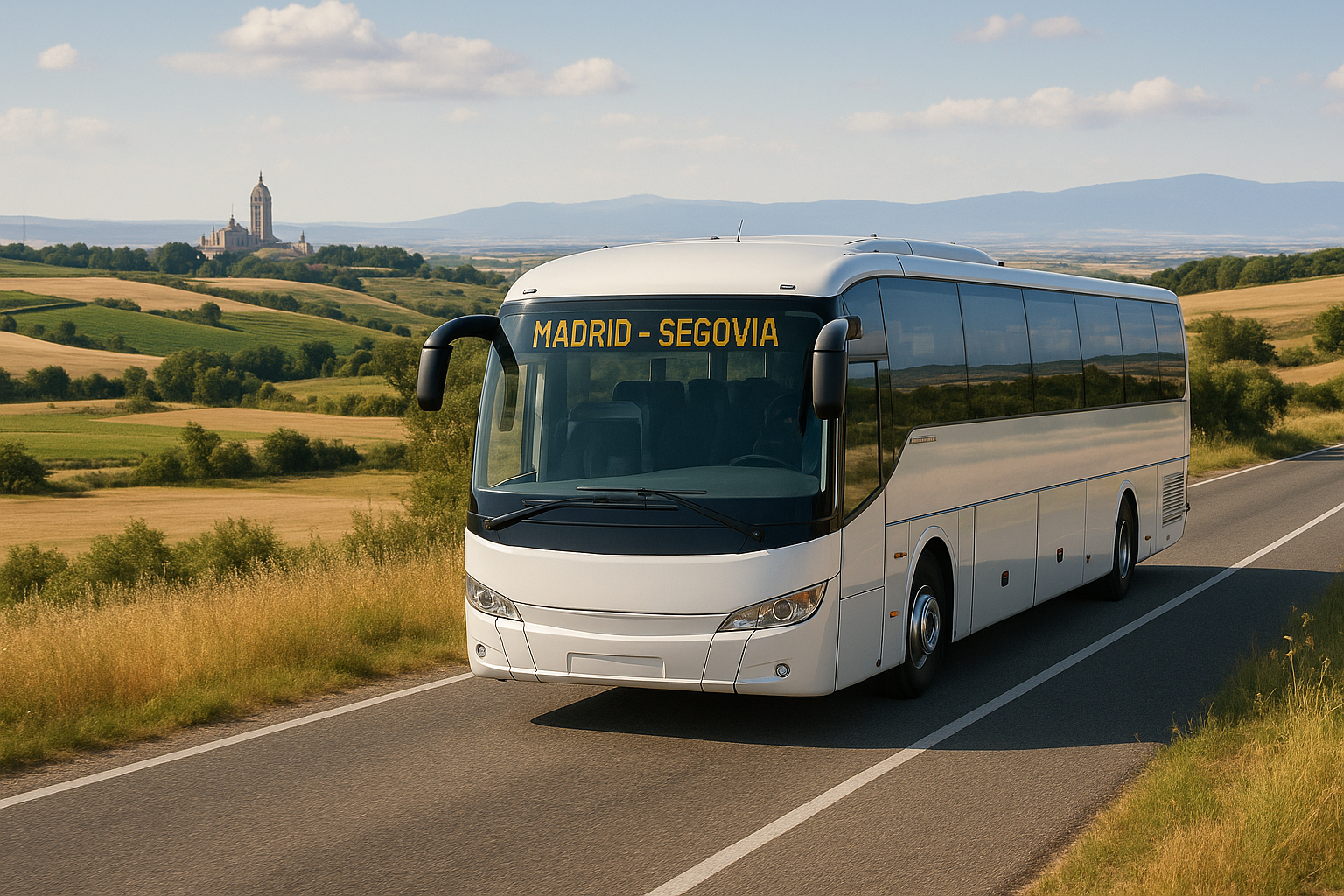 Segovia Bus Tour from Madrid Modern tourist bus traveling from Madrid to Segovia through scenic Spanish countryside. Alt: Segovia bus tour from Madrid comfortable coach travel