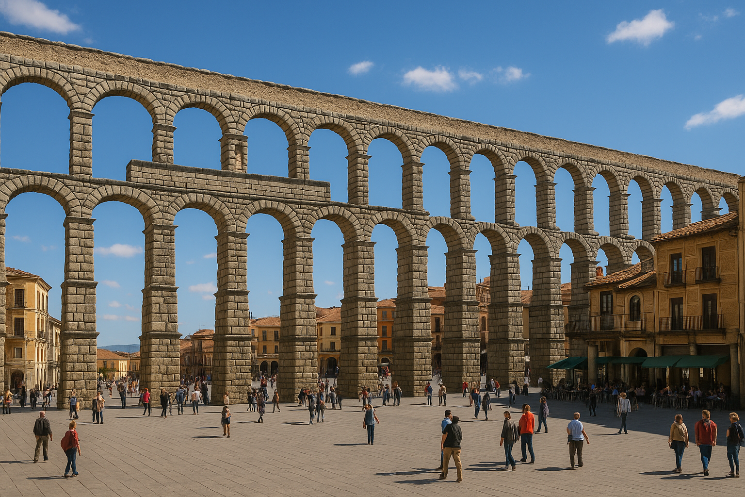 Segovia Bus Tour from Madrid The Roman aqueduct arches of Segovia spanning over the central plaza with blue sky. Alt: Roman aqueduct in Segovia featured on bus tour from Madrid