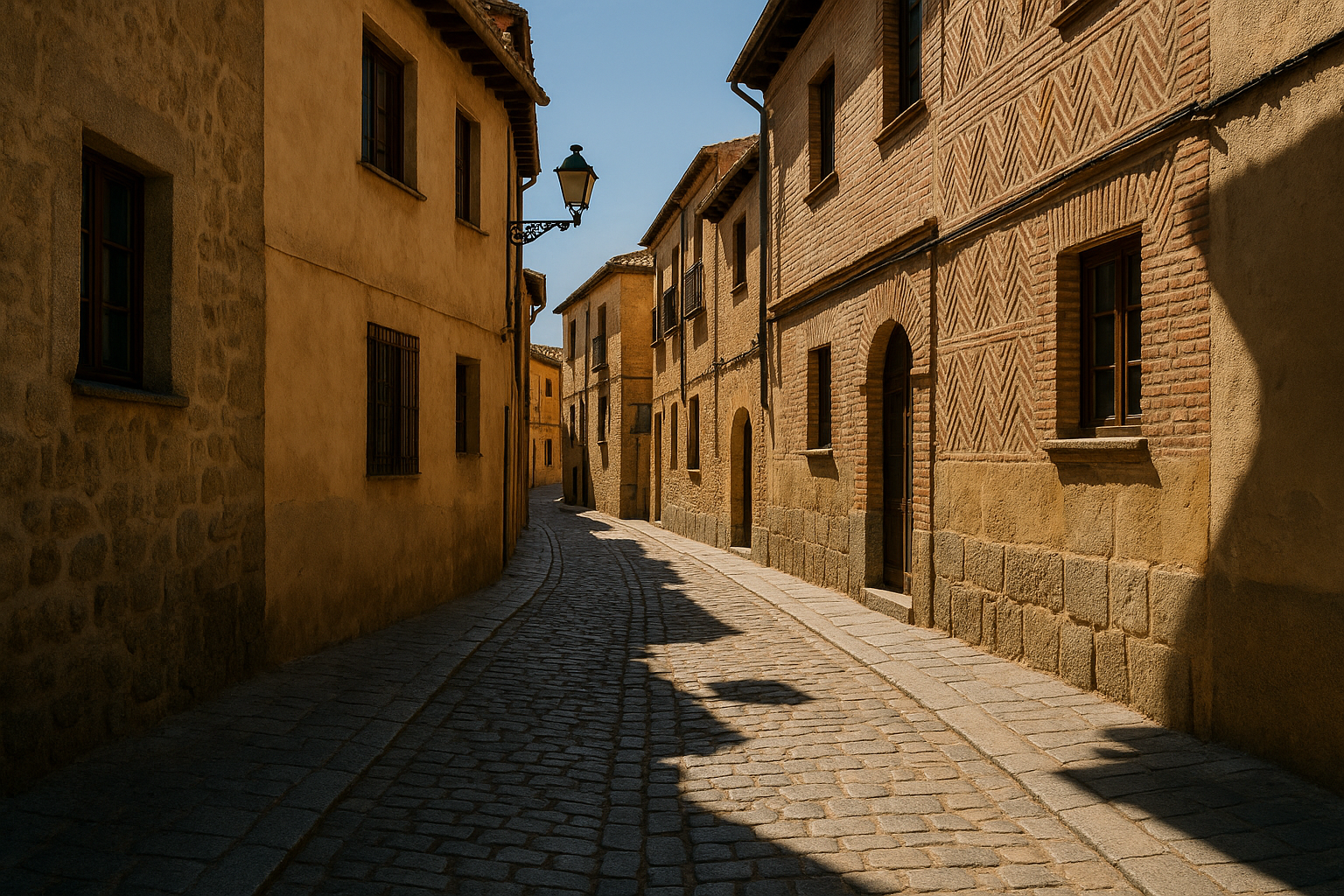 Segovia Bus Tour from Madrid Cobblestone street in Segovia's Jewish Quarter with shadows from historic buildings. Alt: Segovia bus tour from Madrid walk through Jewish Quarter