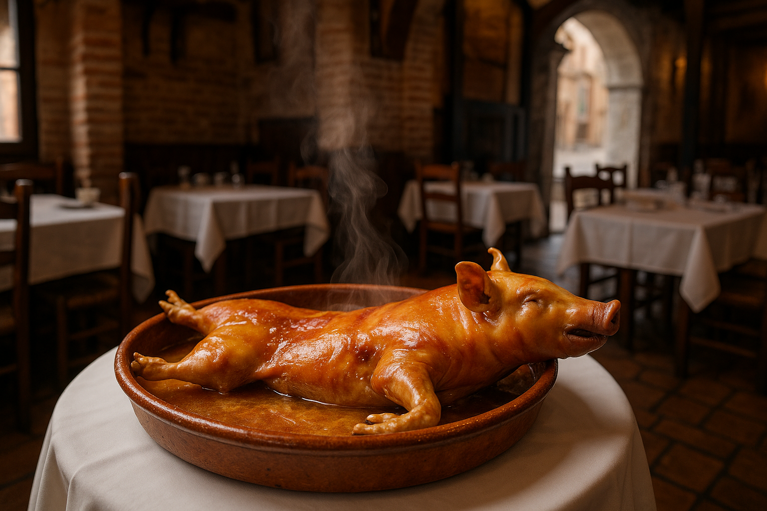 Delicious cochinillo asado served steaming hot in traditional Segovian restaurant, perfect for Segovia bus tour from Madrid food lovers. Alt: Segovia roast suckling pig local specialty