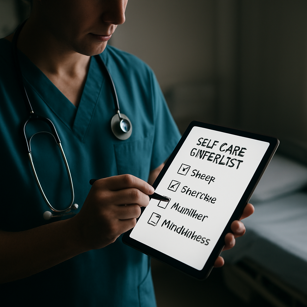 A clinician in scrubs checking off a self‑care checklist on a tablet while standing beside a hospital bedside. Alt: "self care checklist pdf for clinicians"