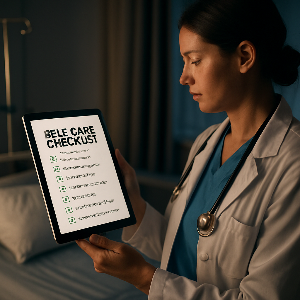 A clinician holding a tablet showing a self‑care checklist PDF with checkmarks, standing beside a hospital bedside. Alt: clinician using self care checklist pdf for quick self‑care during shift