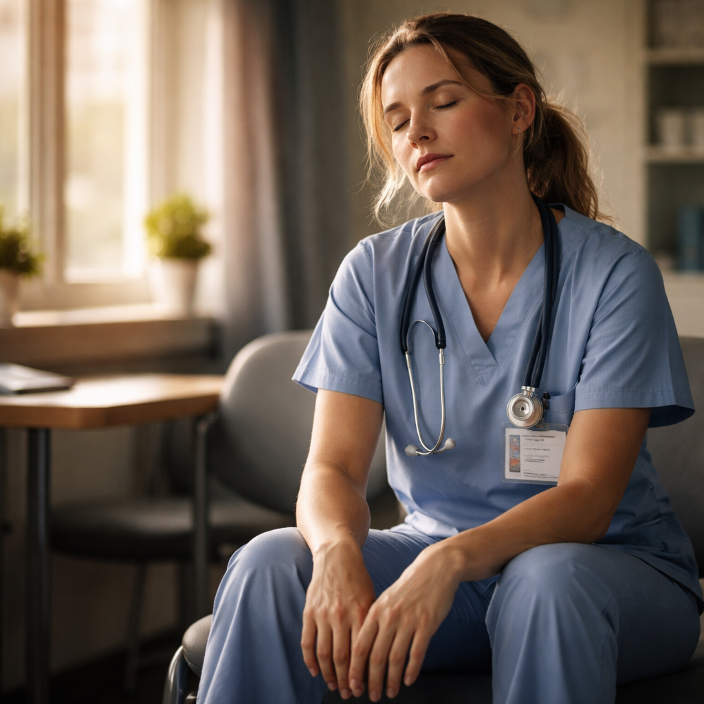 A cinematic scene of a tired nurse sitting on a hospital break room chair, eyes closed, hands resting on knees, soft natural light filtering through a window, emphasizing calm and micro‑rest. Alt: Self‑care micro‑rest moment for healthcare professionals.
