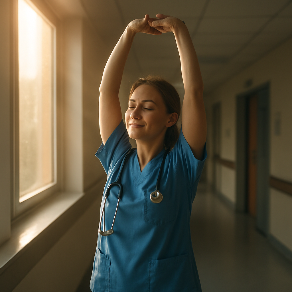 A nurse standing in a hospital corridor stretching her arms upward, sunlight filtering through a window, showing a calm expression. Alt: Nurse taking a micro‑break stretch during a shift.