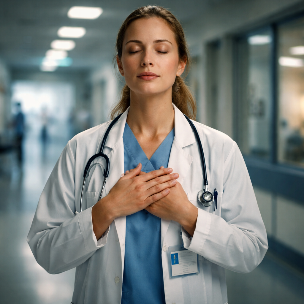 A cinematic, photorealistic scene of a hospital staff member standing in a quiet hallway, eyes closed, practicing the 4‑4‑6 breathing technique. Soft, diffused lighting creates a calm mood, with subtle background hints of a busy ward outside the frame. Alt: Clinician performing mindful breathing exercise in a hospital corridor, cinematic style.