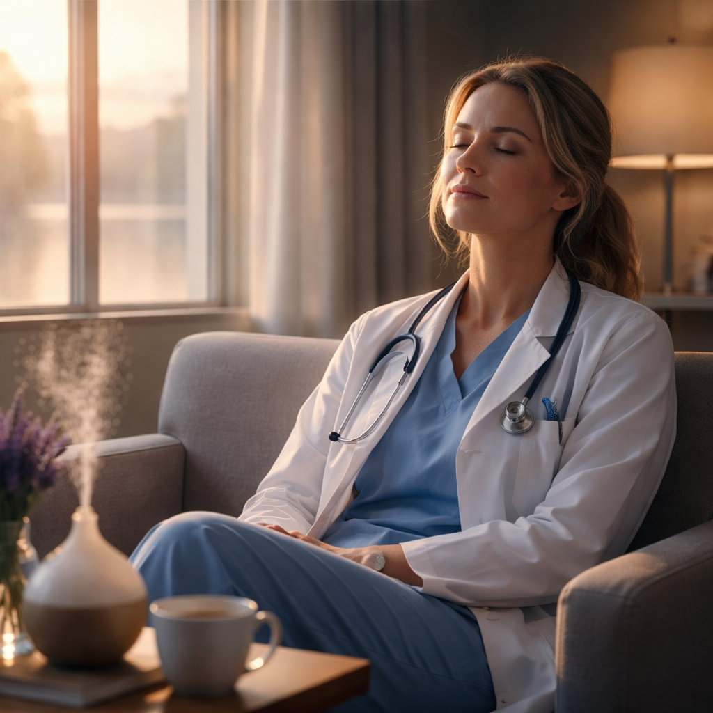 A cinematic, photorealistic scene of a healthcare professional seated in a quiet hospital lounge, eyes closed, visualising a serene sunrise over a calm lake. Soft natural light filters through a window, casting gentle shadows, while a subtle hint of lavender scent drifts from a nearby diffuser. Alt: Clinician practicing guided visualisation for self‑compassion during a break.